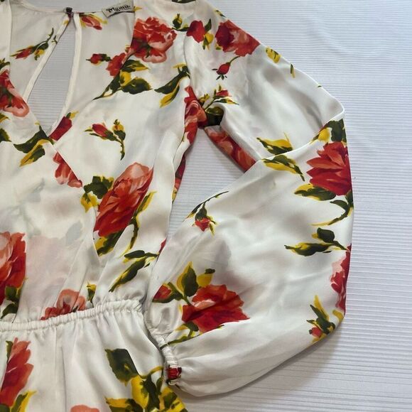 SHOW ME YOUR MUMU Romper XS Satin ROCKY White Rose V-NECK LONG SLEEVE - Picture 2 of 10